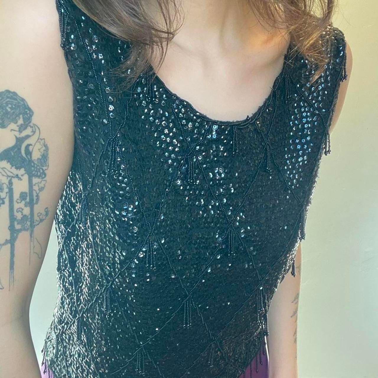 1960s vintage black sequin and fringe tank top