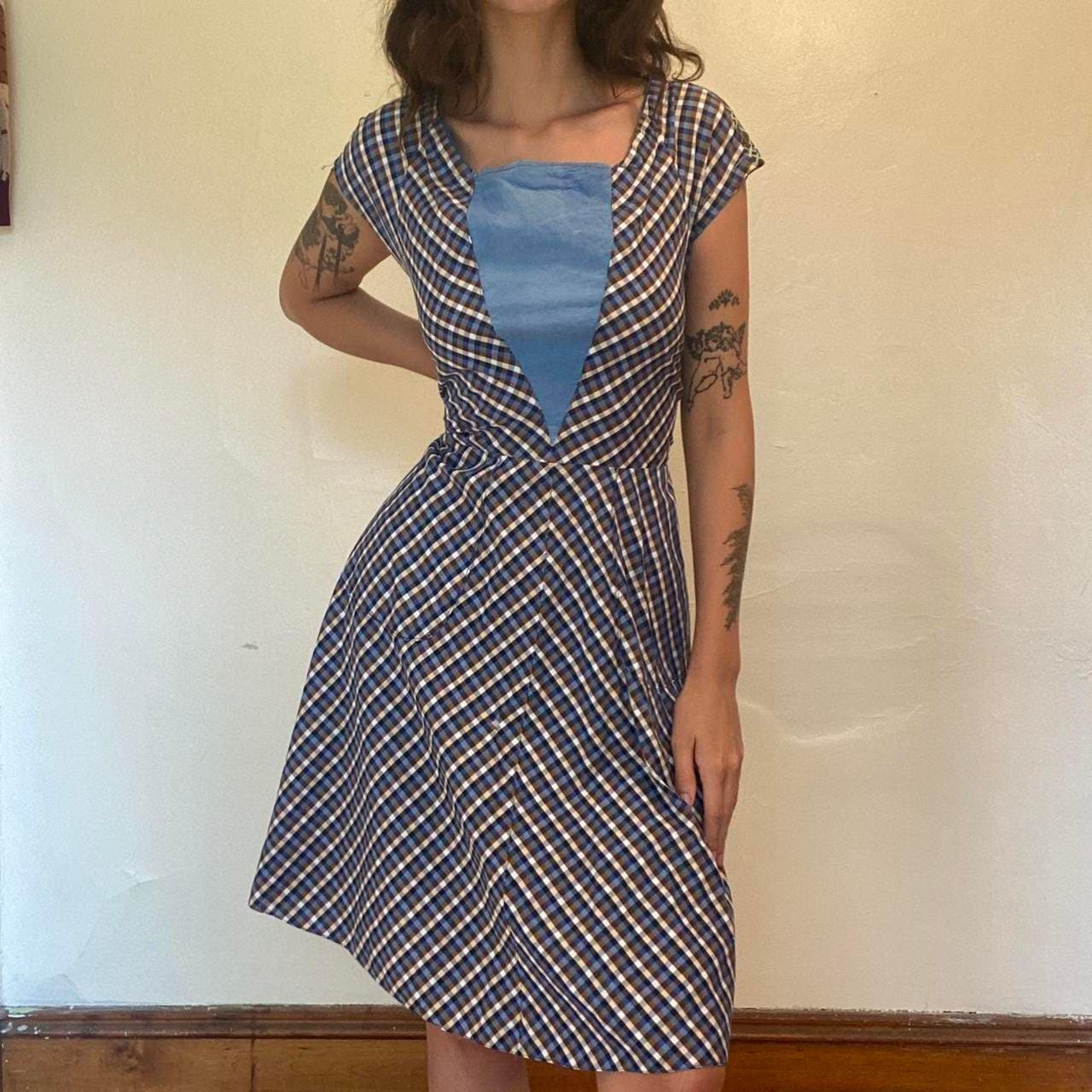 1940s/50s cotton handmade blue plaid a-line dress