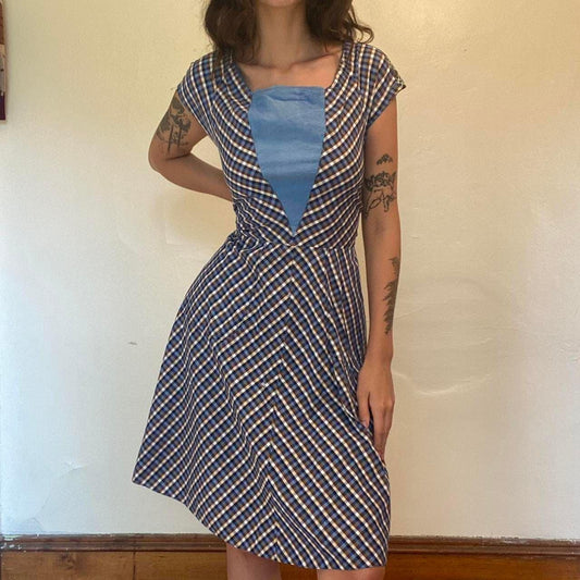 1940s/50s cotton handmade blue plaid a-line dress
