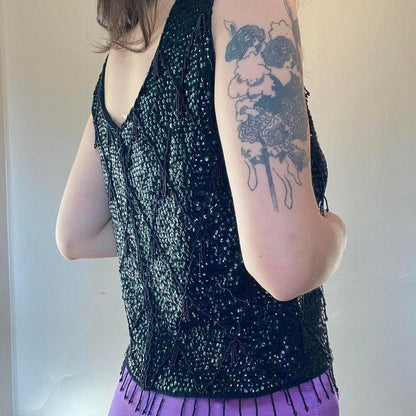 1960s vintage black sequin and fringe tank top