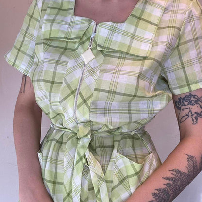 1960s vintage mod light green plaid a-line mini dress polyester/cotton blend