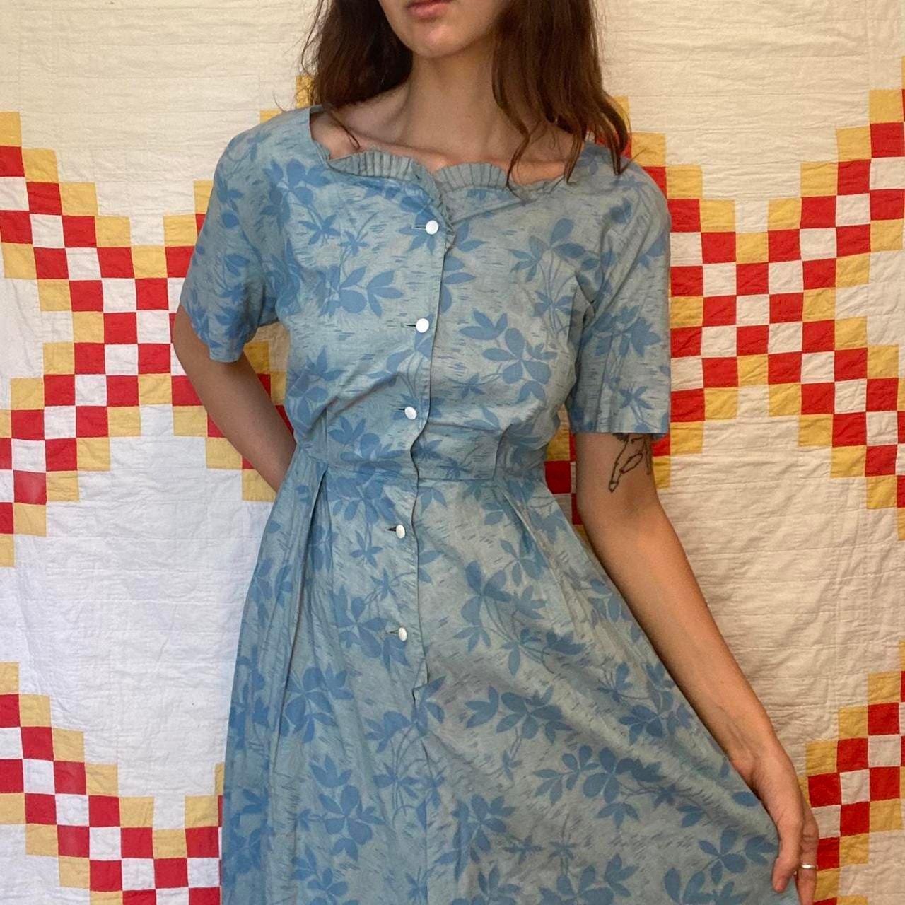 1940s overdyed blue floral paisley boho cotton shirt dress