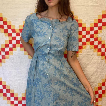 1940s overdyed blue floral paisley boho cotton shirt dress