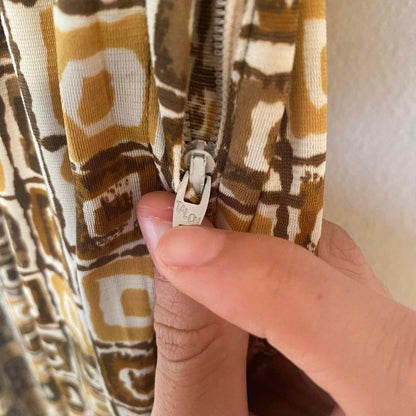 1950s nylon yellow and brown geometric square patterned fit and flare dress