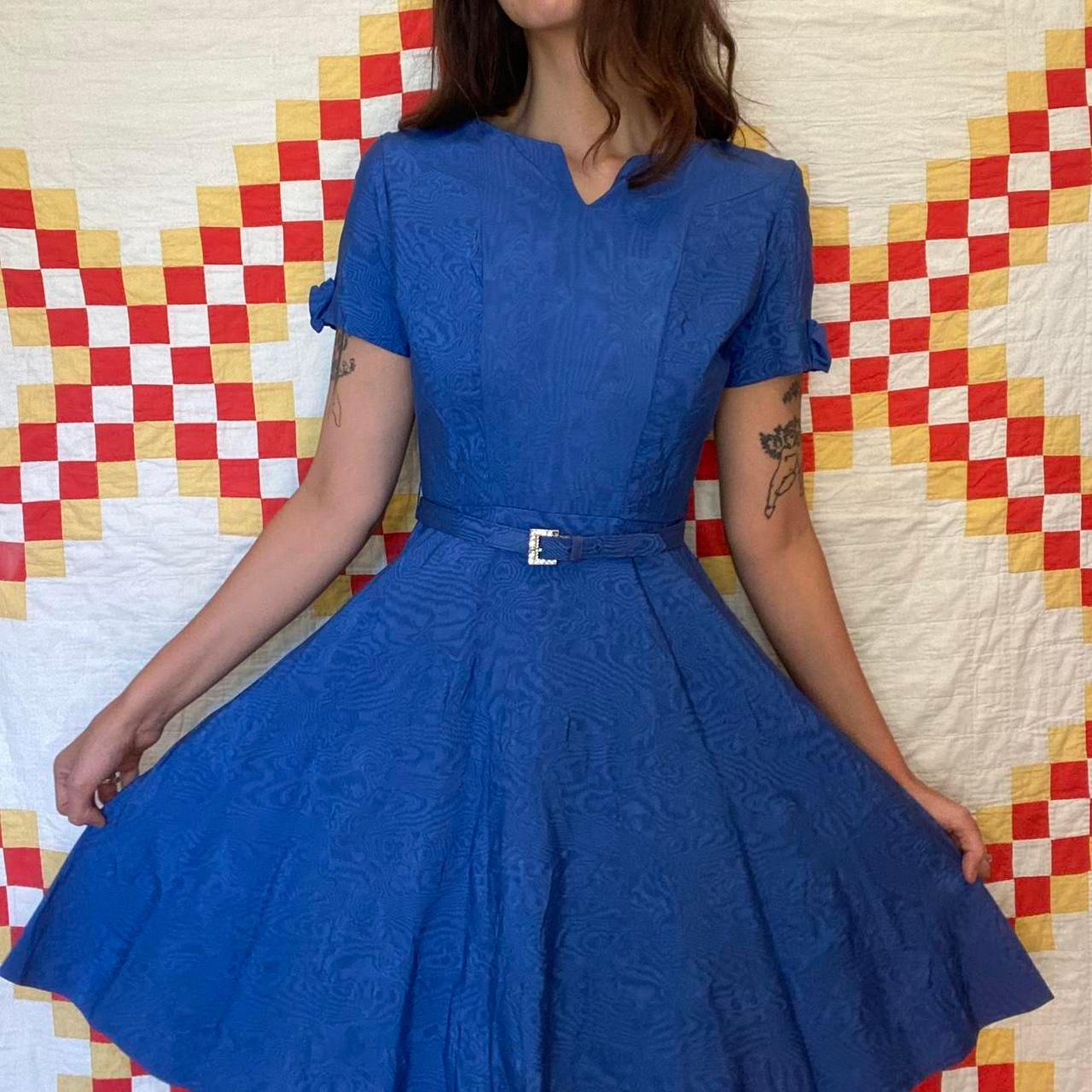 1950s bright blue rayon moire print evening mini dress with matching belt