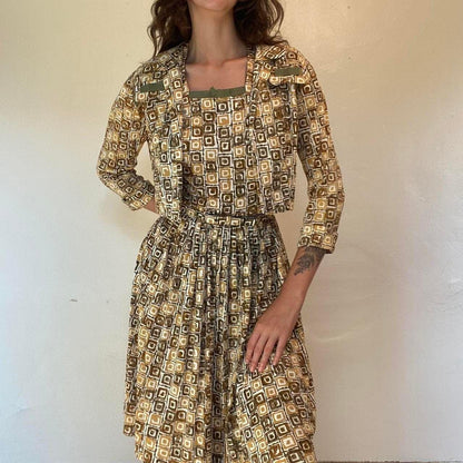 1950s nylon yellow and brown geometric square patterned fit and flare dress