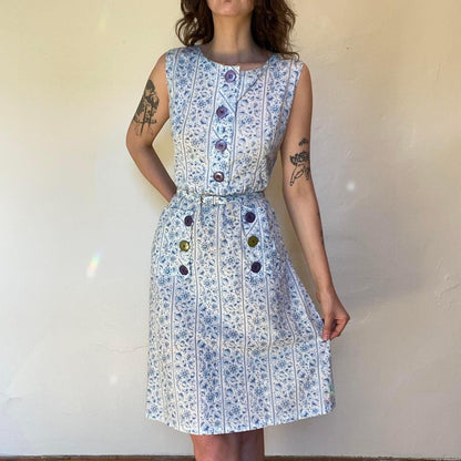 1940s/50s blue and white cotton paisley shirtwaist dress