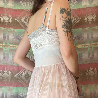 1960s sheer light pink pleated nylon and lace slip dress