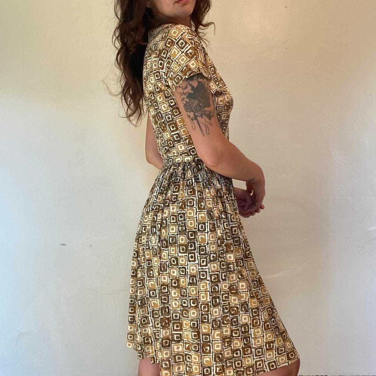 1950s nylon yellow and brown geometric square patterned fit and flare dress
