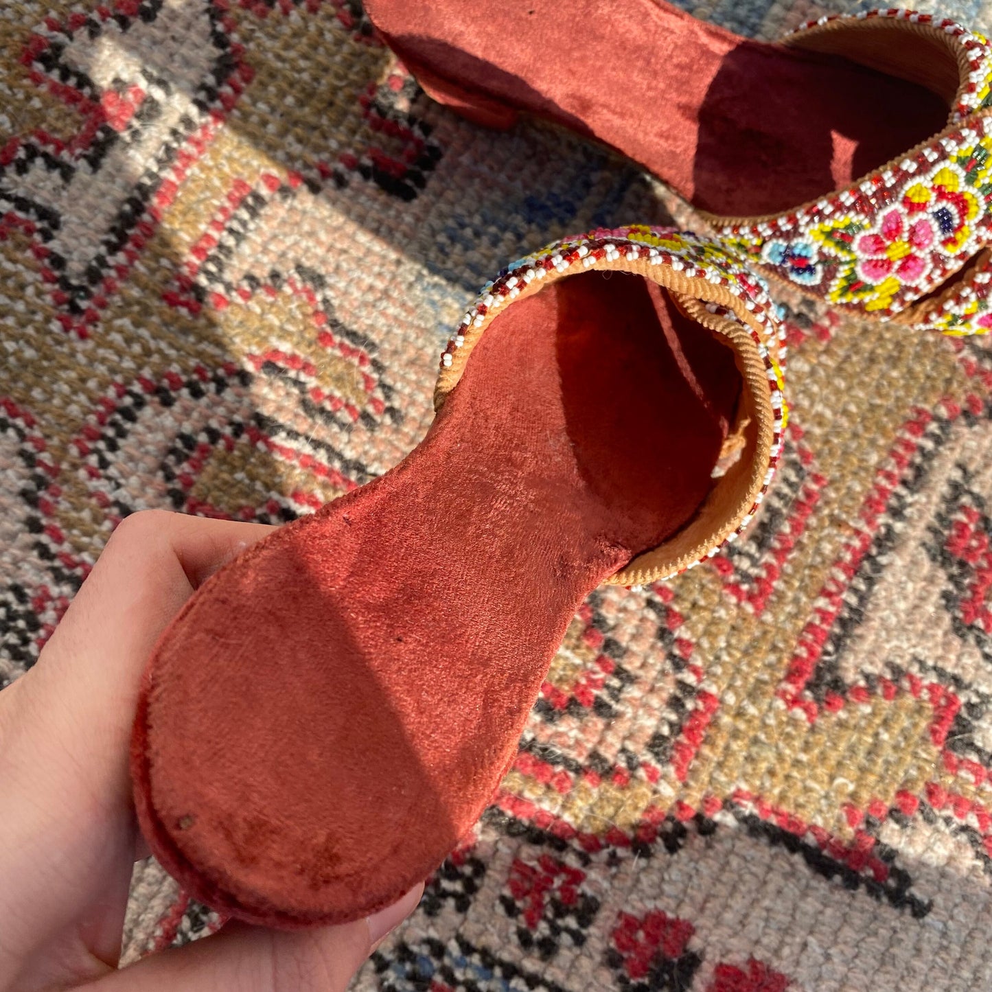 DEADSTOCK 1930s “Quality Slippers” Handmade Glass Beaded Velvet Slippers/Sandals with Wooden Kitten Heel, never been worn!!