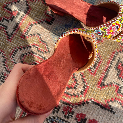 DEADSTOCK 1930s “Quality Slippers” Handmade Glass Beaded Velvet Slippers/Sandals with Wooden Kitten Heel, never been worn!!