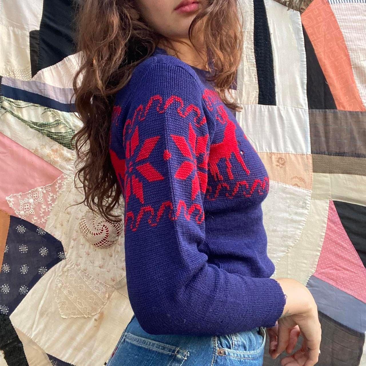 1950s vintage blue and red moose wool picture knit