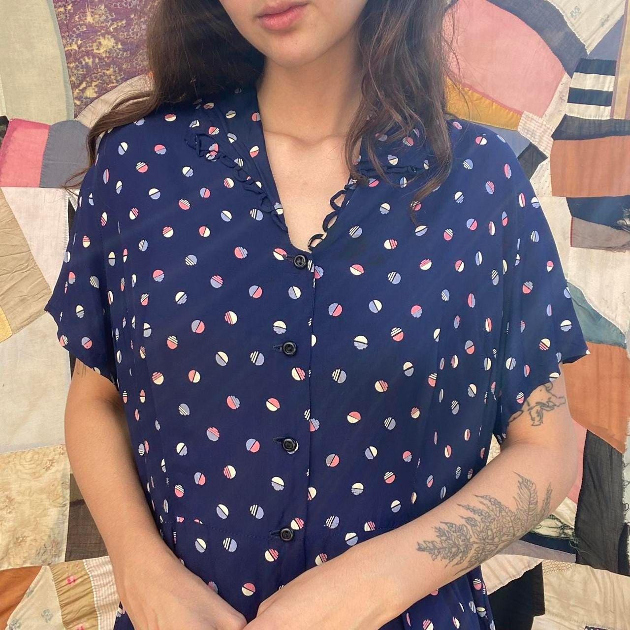 1940s rayon polka dot printed button up shirt dress