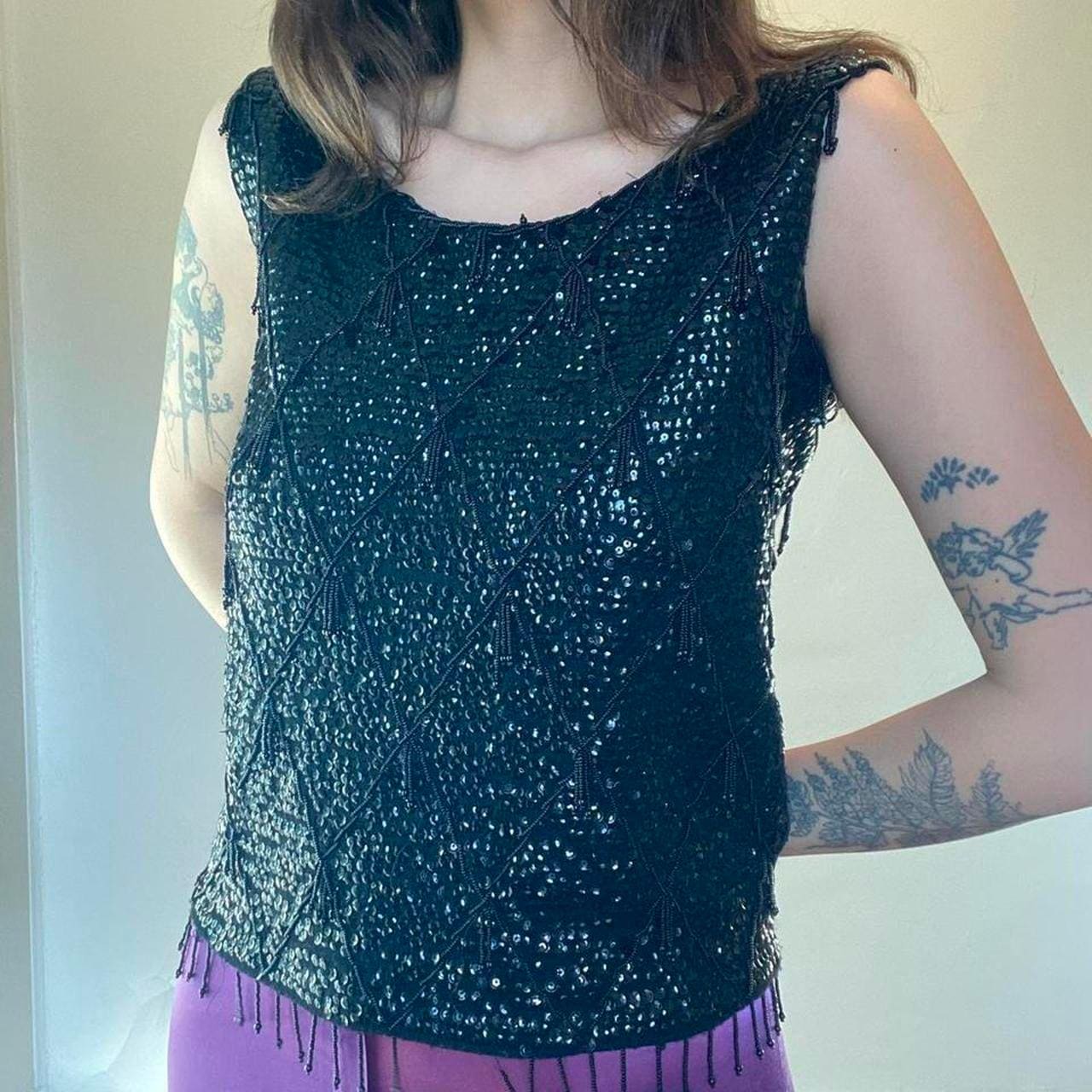 1960s vintage black sequin and fringe tank top