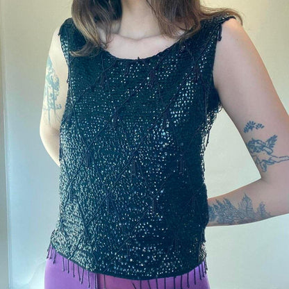 1960s vintage black sequin and fringe tank top