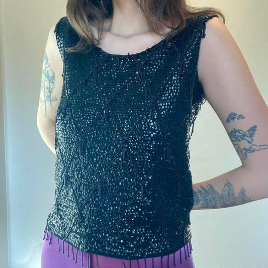 1960s vintage black sequin and fringe tank top