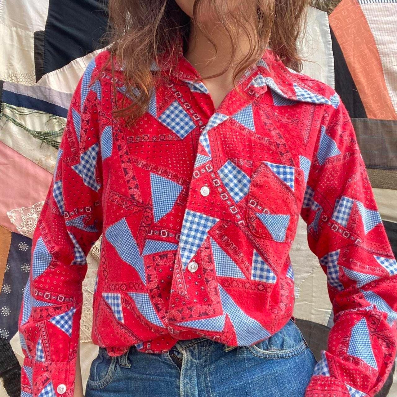 1970s cotton flannel bandana patchwork button up shirt