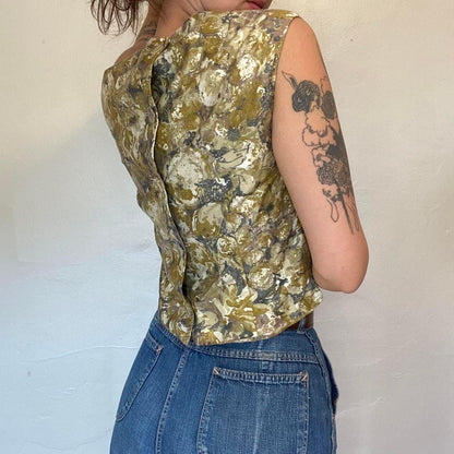 1950s vintage silk purple floral sleeveless blouse