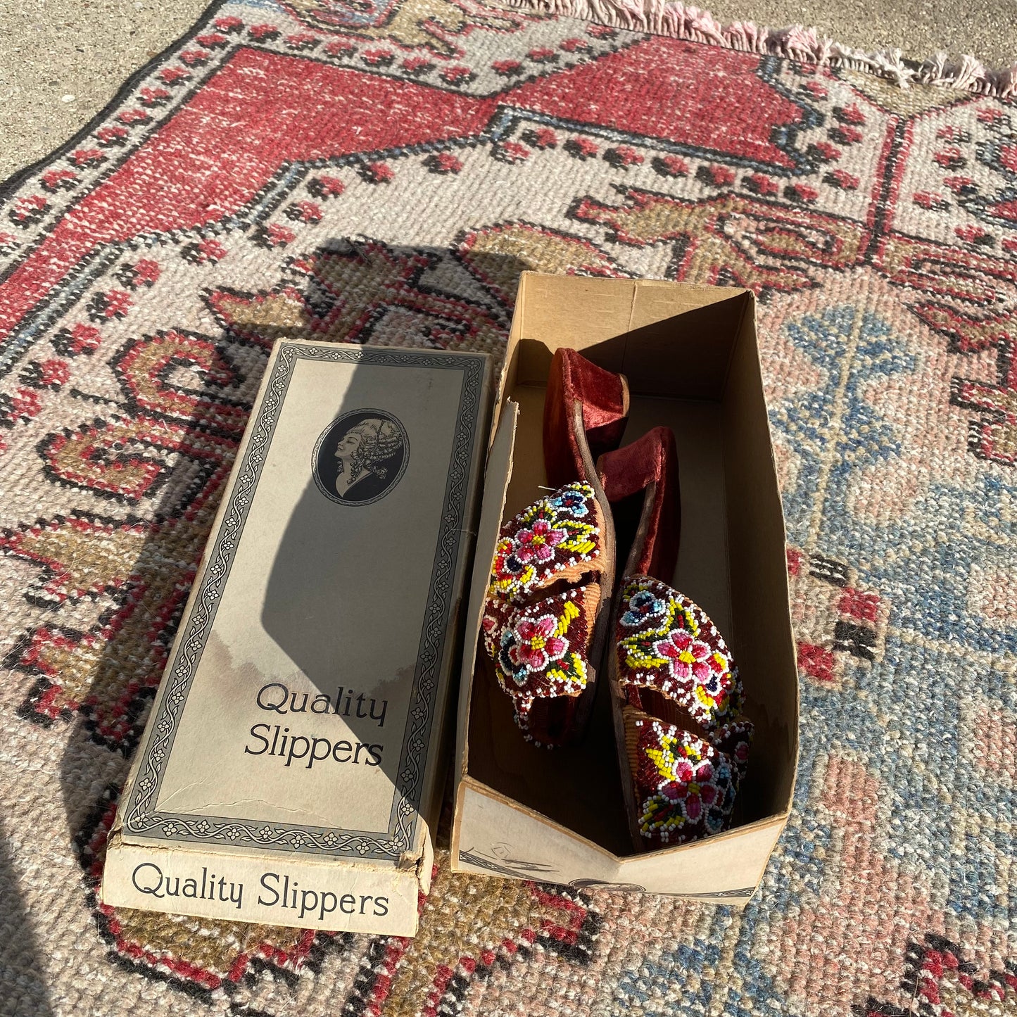 DEADSTOCK 1930s “Quality Slippers” Handmade Glass Beaded Velvet Slippers/Sandals with Wooden Kitten Heel, never been worn!!