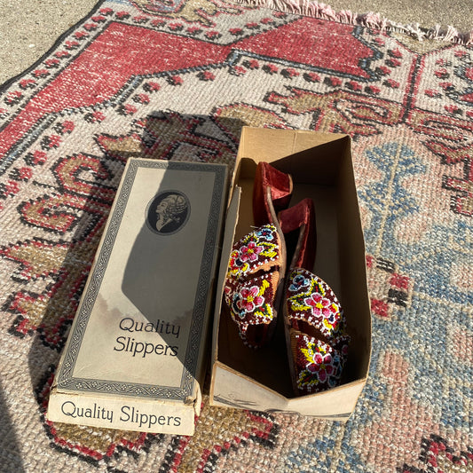 DEADSTOCK 1930s “Quality Slippers” Handmade Glass Beaded Velvet Slippers/Sandals with Wooden Kitten Heel, never been worn!!