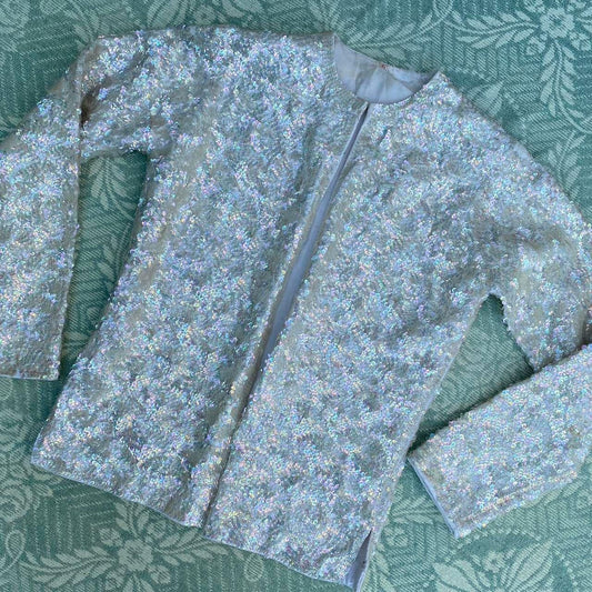 1950s white sequin encrusted cardigan, lined with rayon and hook and eye closure