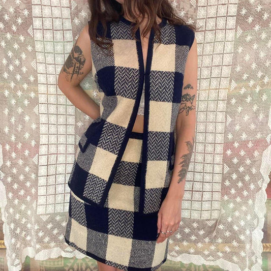 1960s Koret of California wool gingham navy and white plaid two piece set