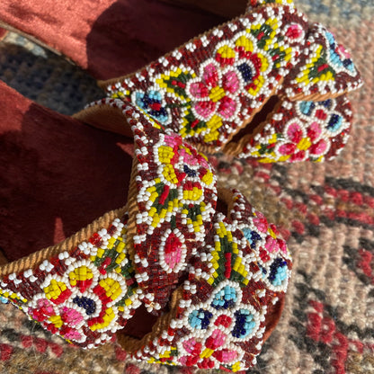 DEADSTOCK 1930s “Quality Slippers” Handmade Glass Beaded Velvet Slippers/Sandals with Wooden Kitten Heel, never been worn!!