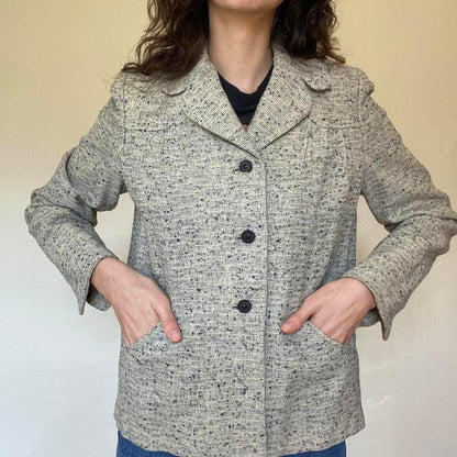 1960s vintage marled gray and black blazer jacket with pockets and buttons