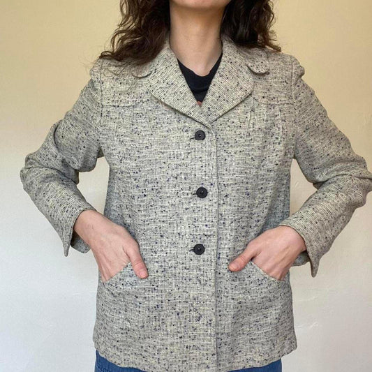 1960s vintage marled gray and black blazer jacket with pockets and buttons