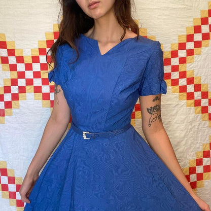 1950s bright blue rayon moire print evening mini dress with matching belt