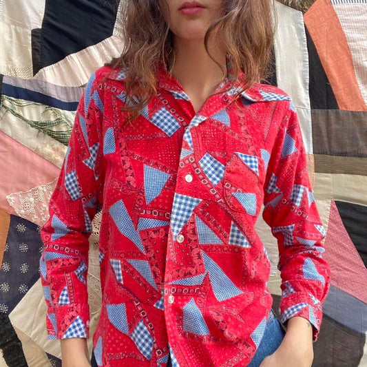 1970s cotton flannel bandana patchwork button up shirt
