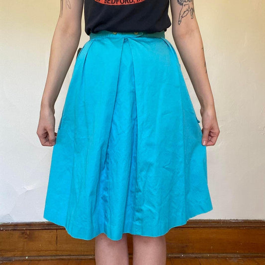 1950s cotton turquoise circle skirt with pleating and side pockets