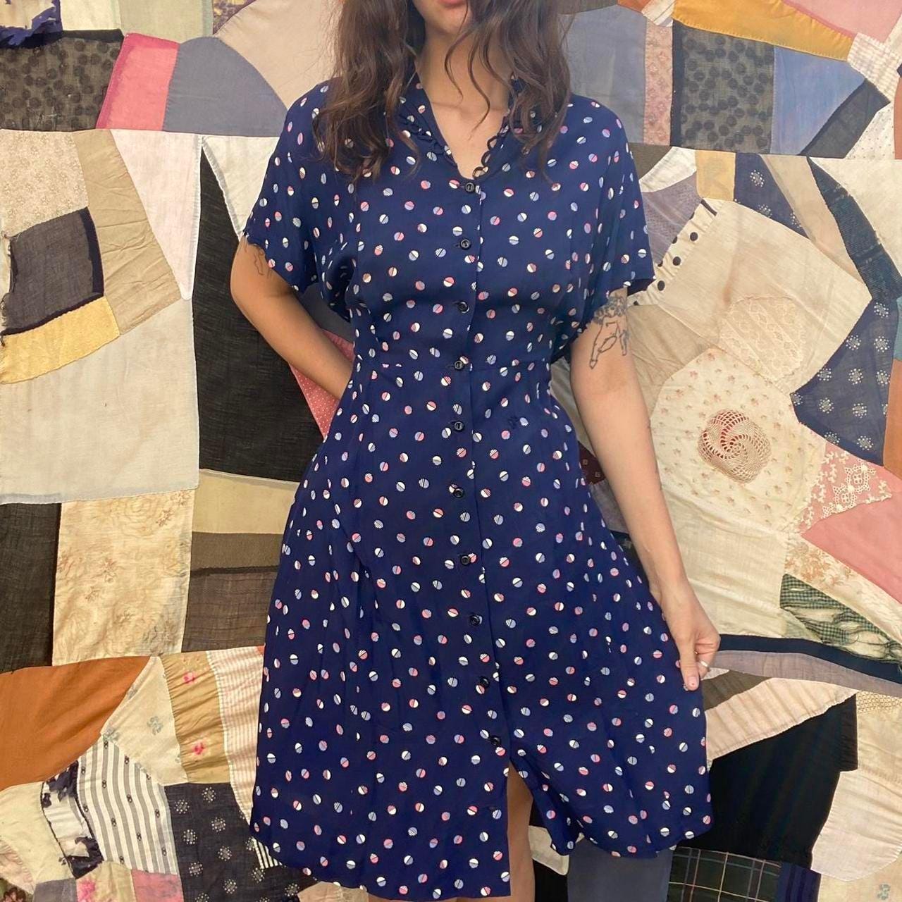 1940s rayon polka dot printed button up shirt dress