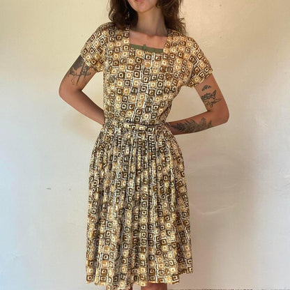 1950s nylon yellow and brown geometric square patterned fit and flare dress