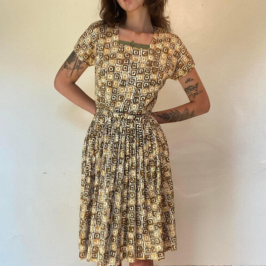 1950s nylon yellow and brown geometric square patterned fit and flare dress