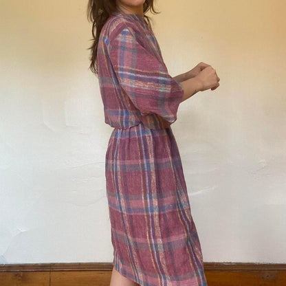 1970s Ann Stevens New York purple plaid linen 2 piece set