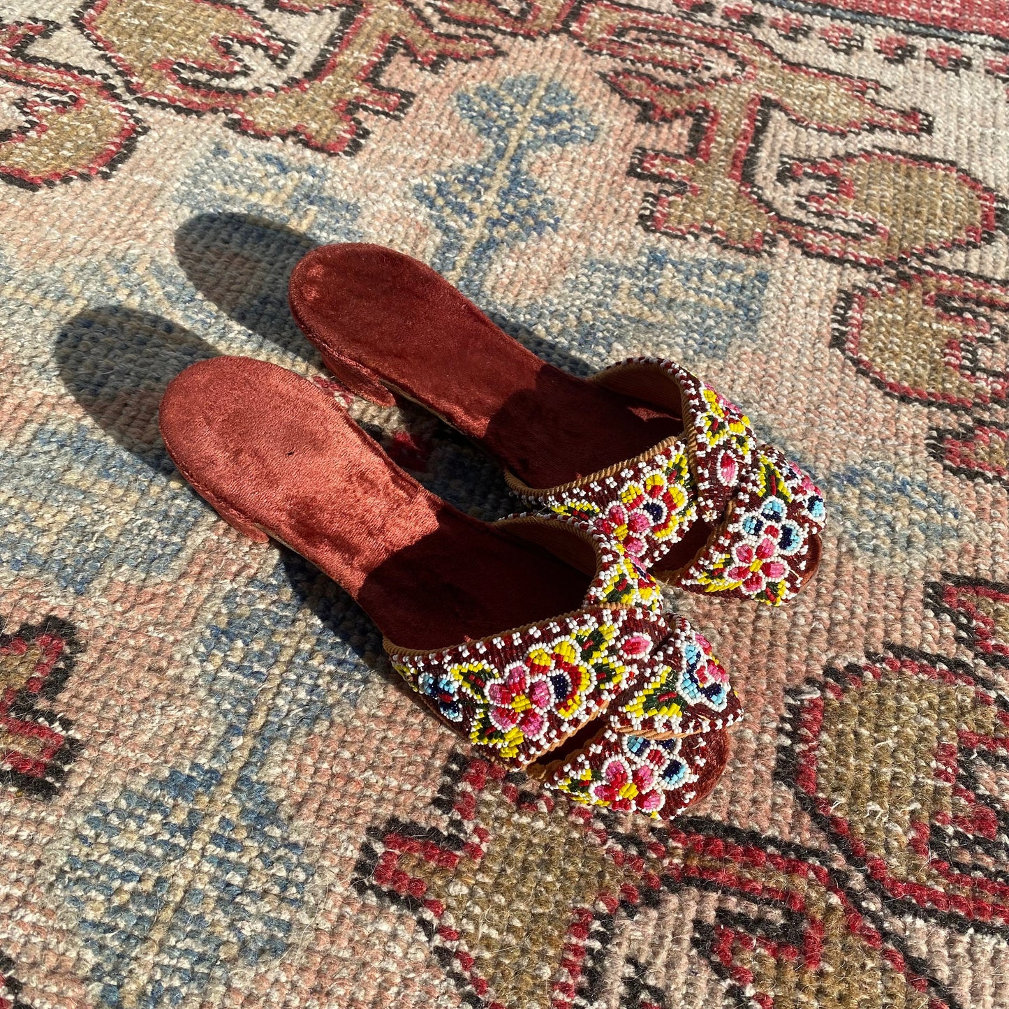 DEADSTOCK 1930s “Quality Slippers” Handmade Glass Beaded Velvet Slippers/Sandals with Wooden Kitten Heel, never been worn!!