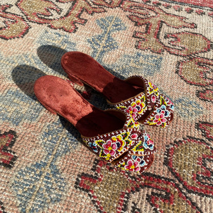 DEADSTOCK 1930s “Quality Slippers” Handmade Glass Beaded Velvet Slippers/Sandals with Wooden Kitten Heel, never been worn!!