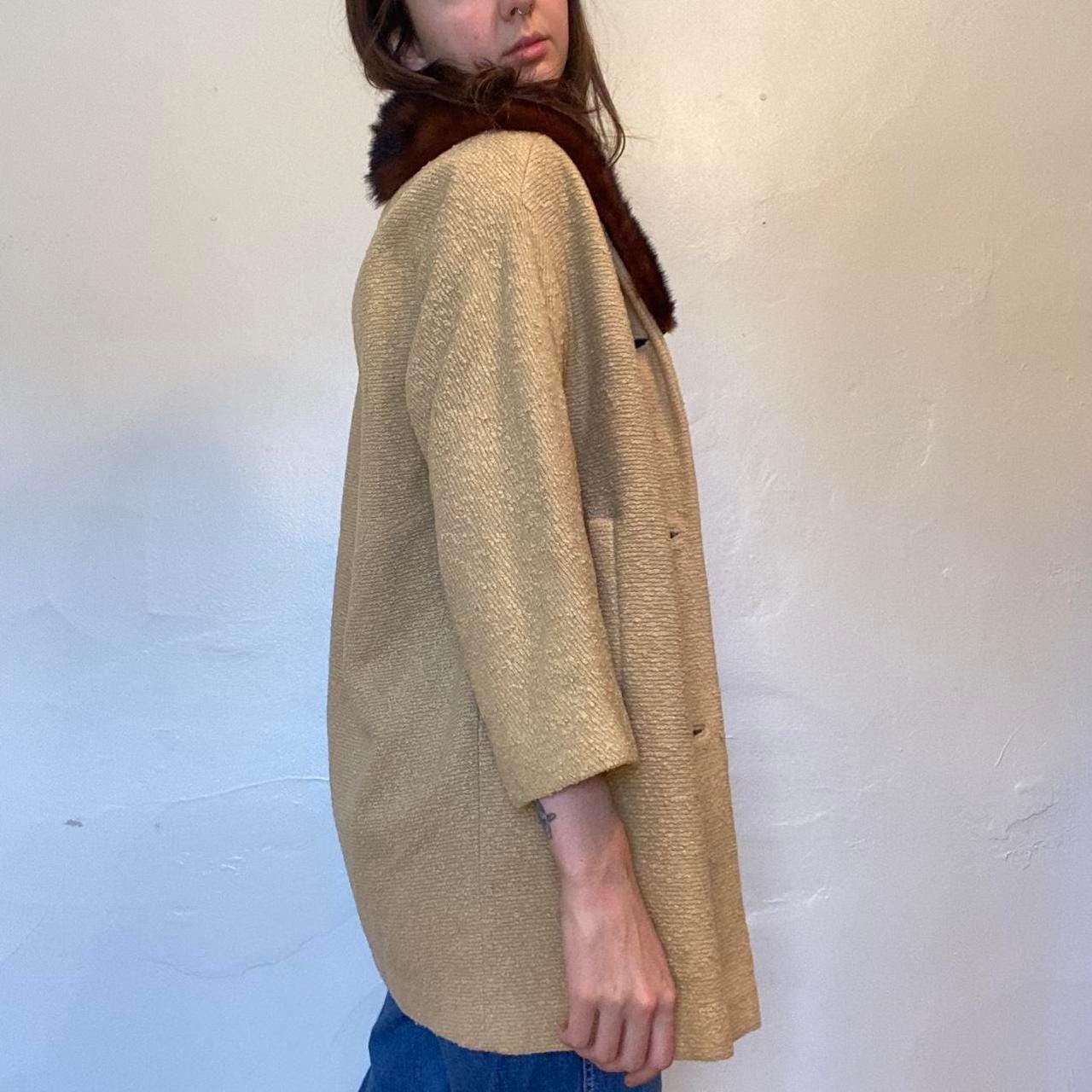 1950s vintage cotton tan chenille pea coat with real mink fur collar