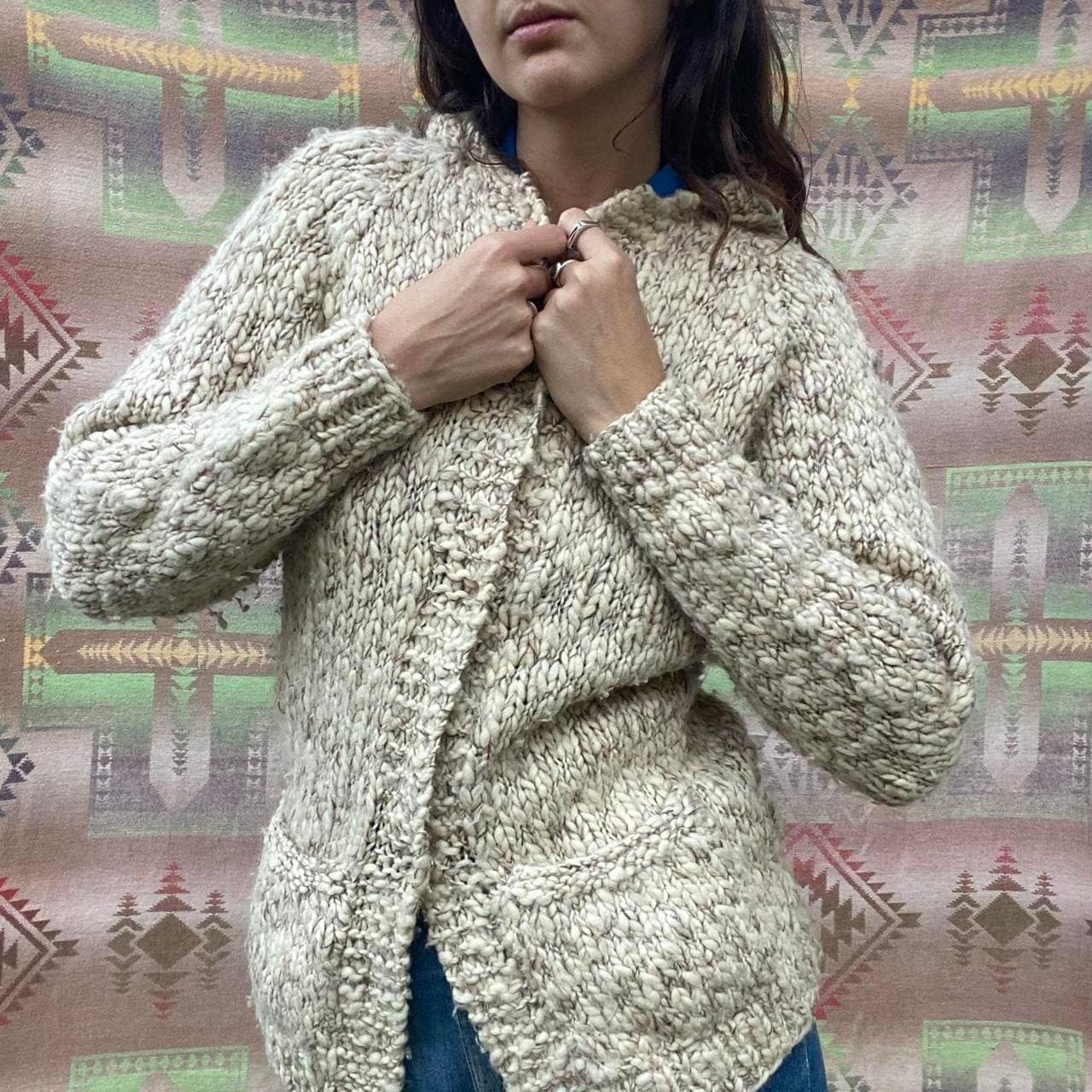 1970s handmade vintage wool knit cardigan with hood