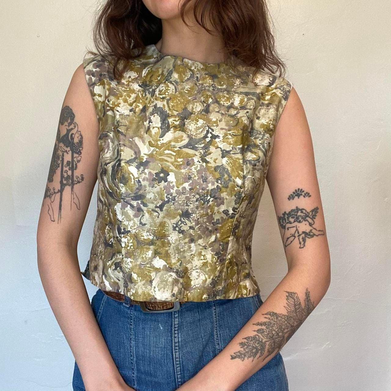 1950s vintage silk purple floral sleeveless blouse