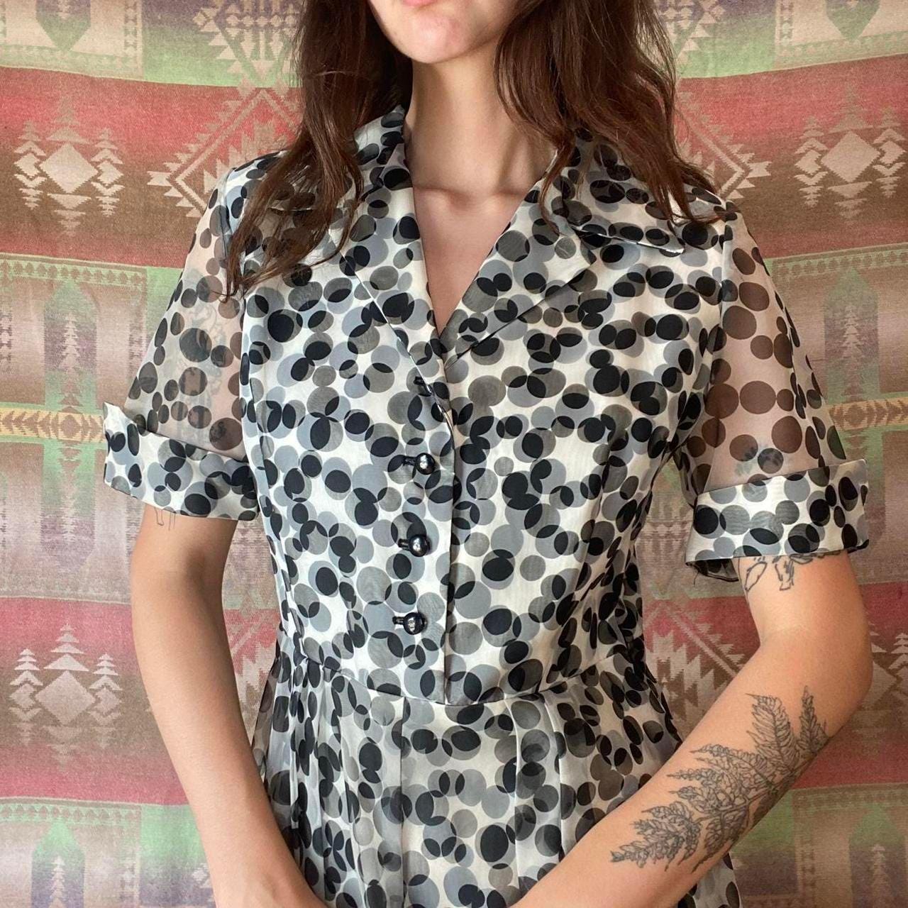 1950s rayon black and white polka dot esque patterned shirt dress