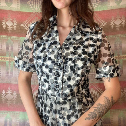 1950s rayon black and white polka dot esque patterned shirt dress