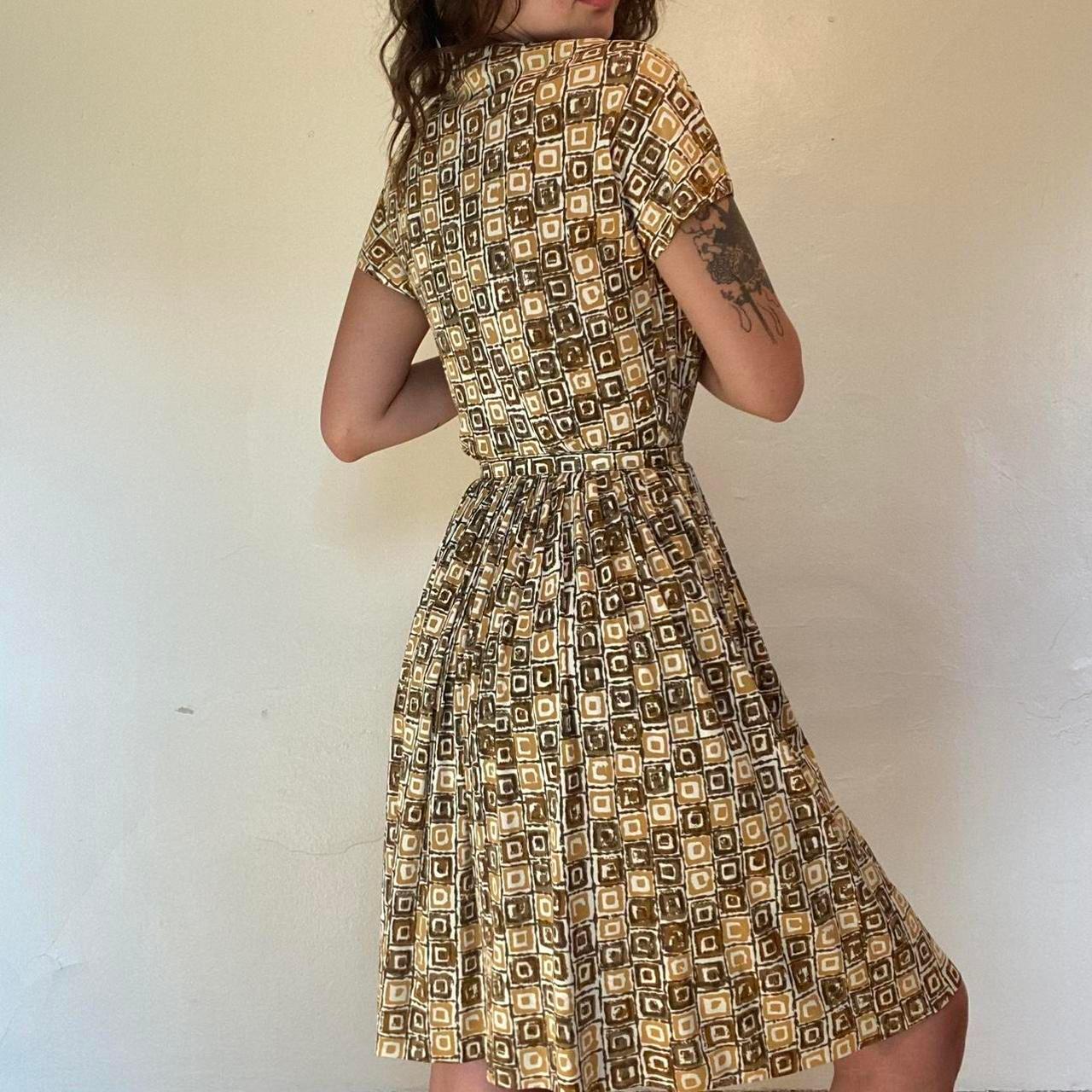 1950s nylon yellow and brown geometric square patterned fit and flare dress