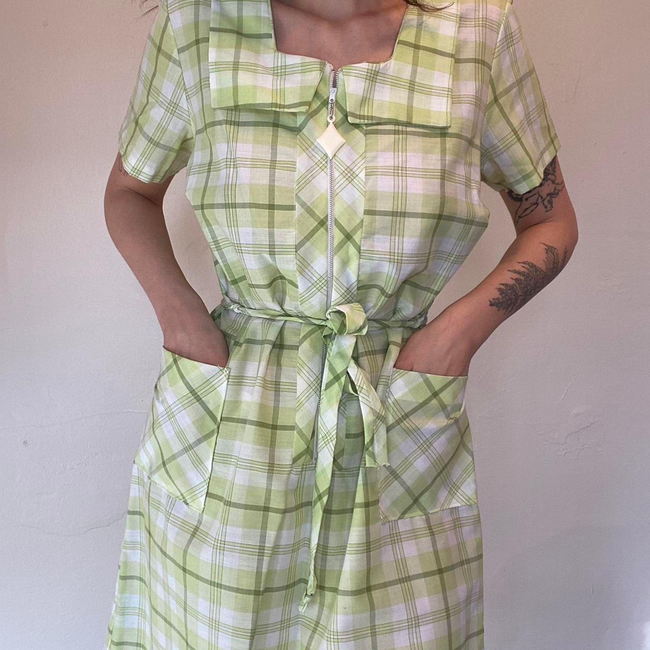 1960s vintage mod light green plaid a-line mini dress polyester/cotton blend