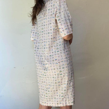 1960s vintage french novelty print "Les 4 Saisons" light pink cotton shift dress