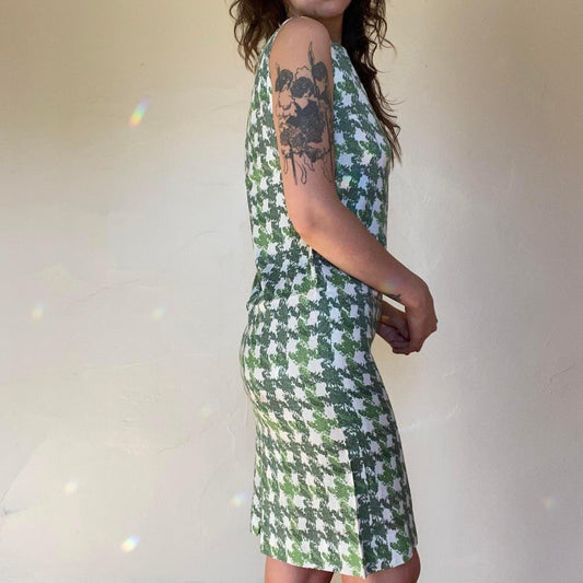 1960s mod vintage green houndstooth mini shift dress