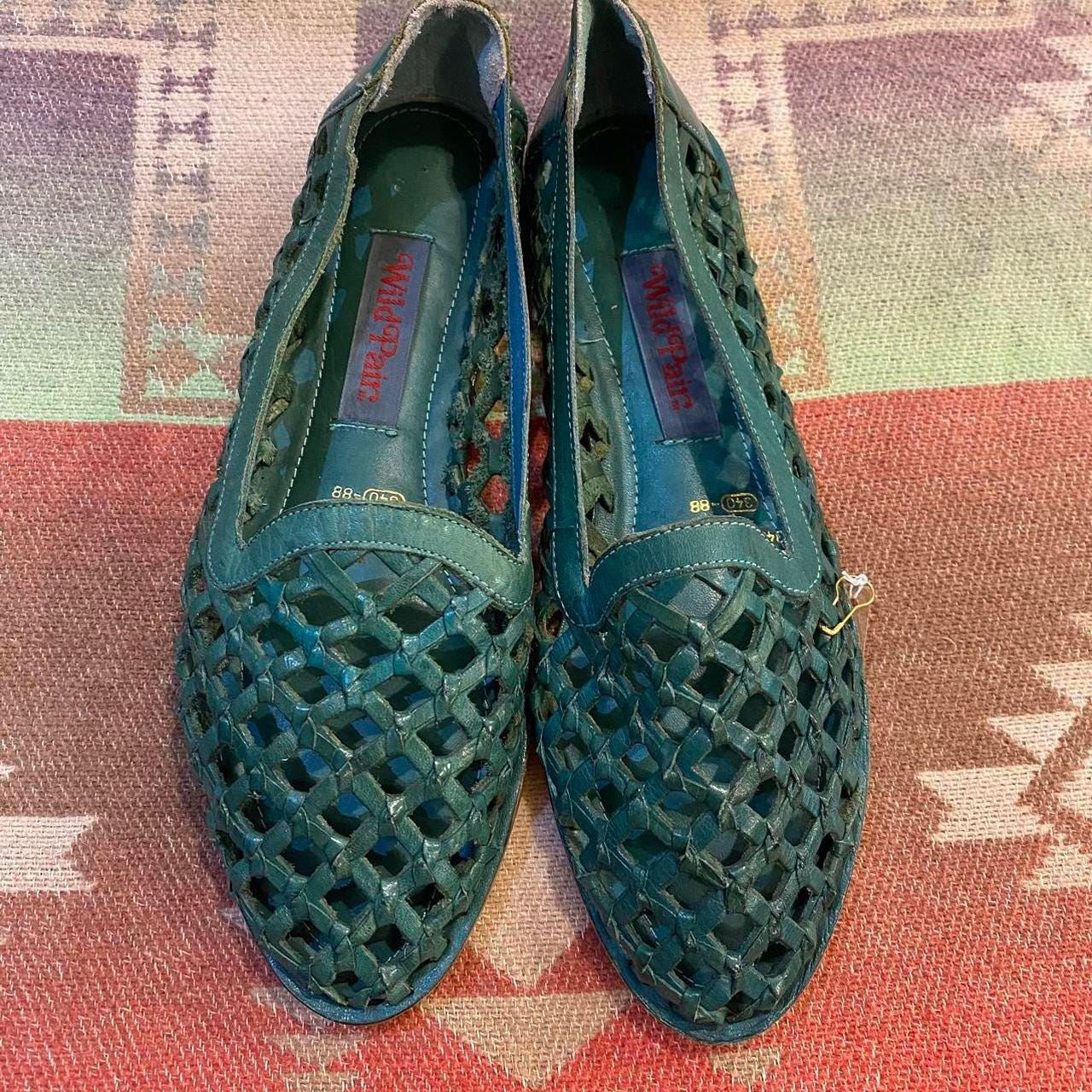 1970s green leather woven loafers