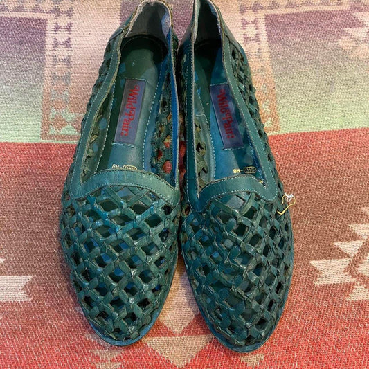 1970s green leather woven loafers