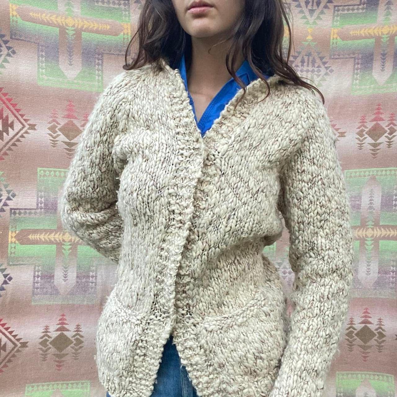 1970s handmade vintage wool knit cardigan with hood